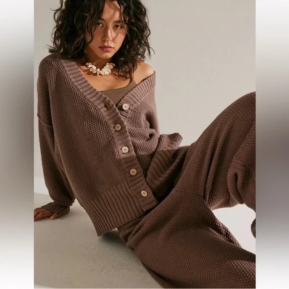 Free People Hailee Cardigan Lounge Set Size XL Brown Waffle Knit 2 Piece NWOT - Picture 1 of 6